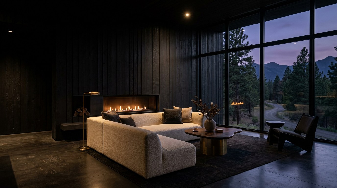 Dark charred-wood mountain living room with fire