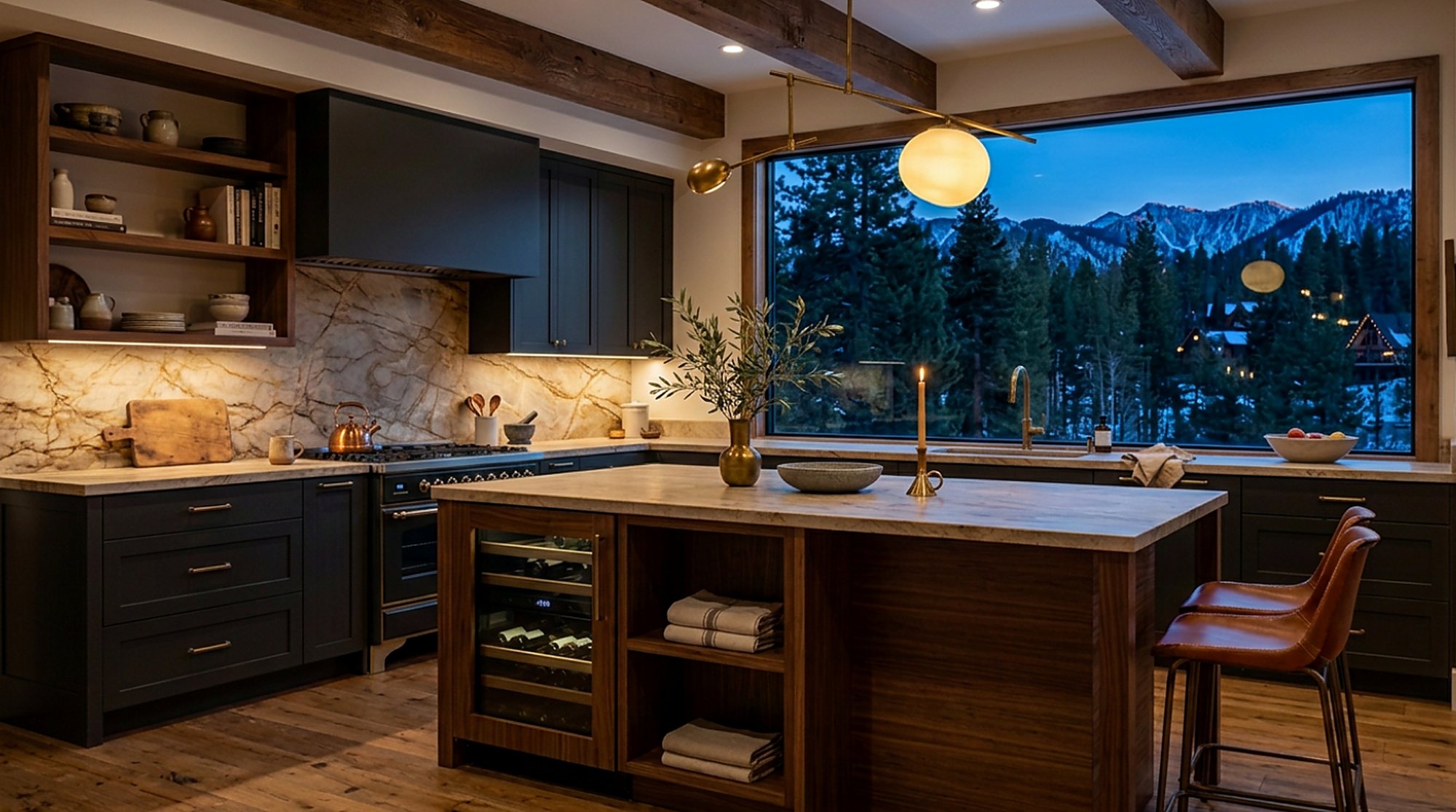 Dark mountain kitchen with marble backsplash and snow view at dusk