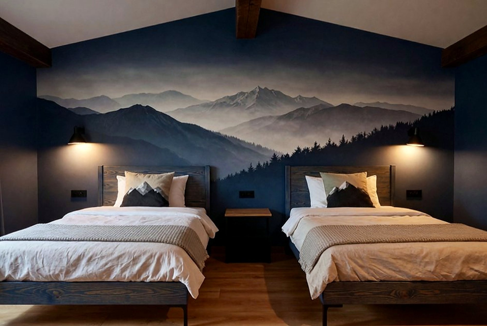 Short-term rental guest room with mountain mural and twin beds